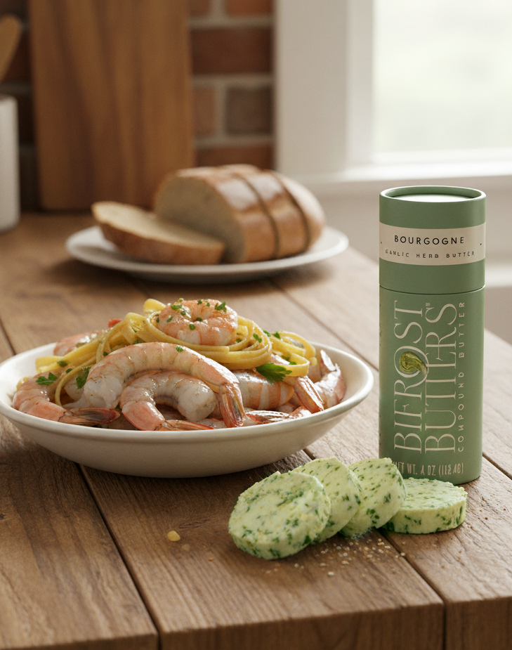 Bifrost Butters Bourgogne flavor stands on a wooden table next to a bowl of pasta with shrimp, with sliced bread in the background.