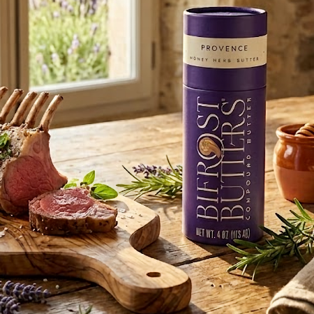Bifrost Butlers compound butter tube on a wooden table with a rack of lamb and herbs