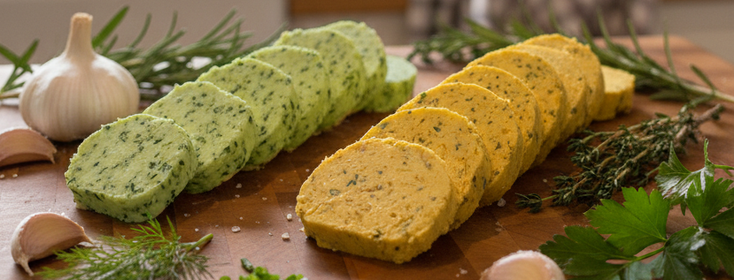 Two types of compound butter, sliced on a wooden board with garlic, rosemary, and herbs.